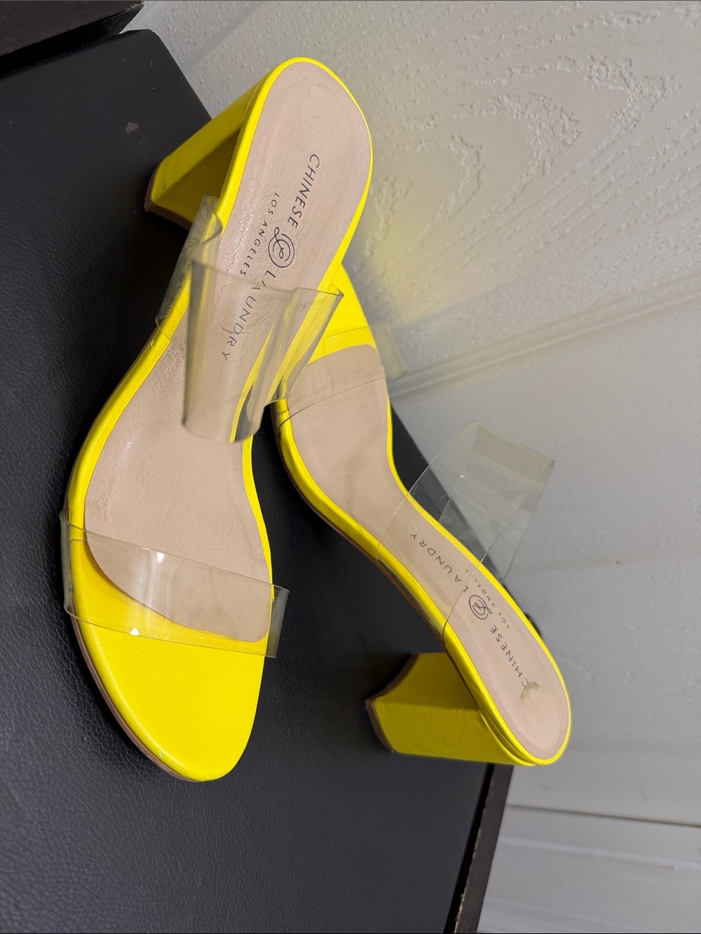 Chinese Laundry Neon Yellow Clear-Strap Block Heel Mules